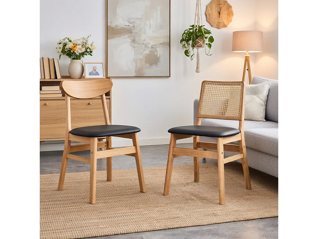 Lote de 2 sillas de comedor con respaldo de ratán y madera maciza, piezas únicas, ergonómicas, con asiento tapizado, negro