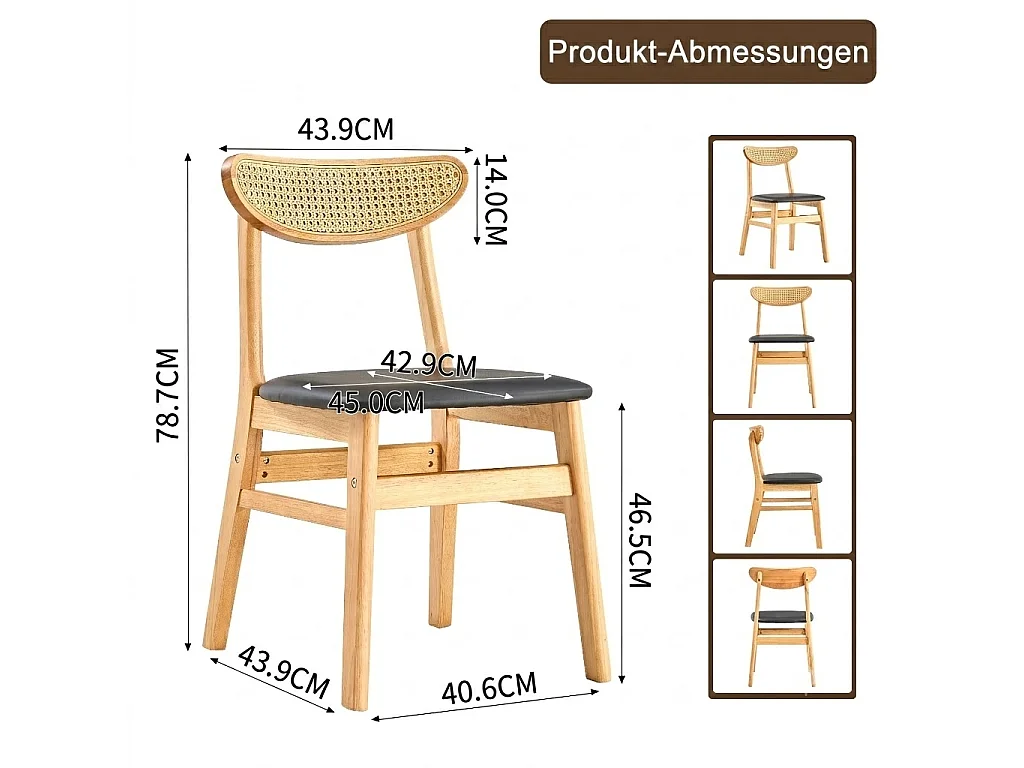 Lote de 2 sillas de comedor con respaldo de ratán y madera maciza, piezas únicas, ergonómicas, con asiento tapizado, negro