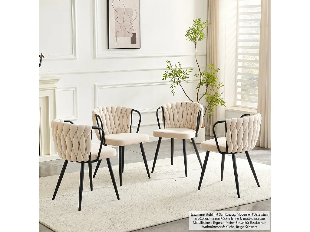 Cadeiras de jantar, conjunto de duas, com encosto trançado e pés em metal dourado, ergonómicas, em veludo, bege e preto