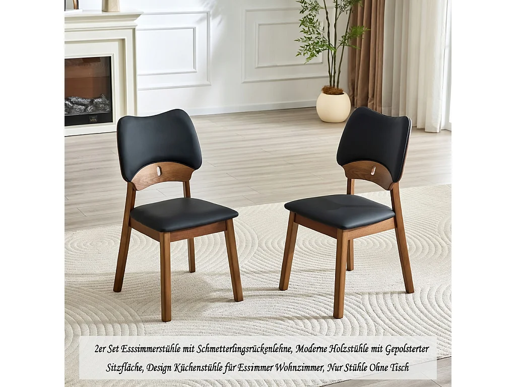 Lote de 2 sillas de comedor, respaldo en forma de mariposa, sillas de madera, asiento acolchado, negro