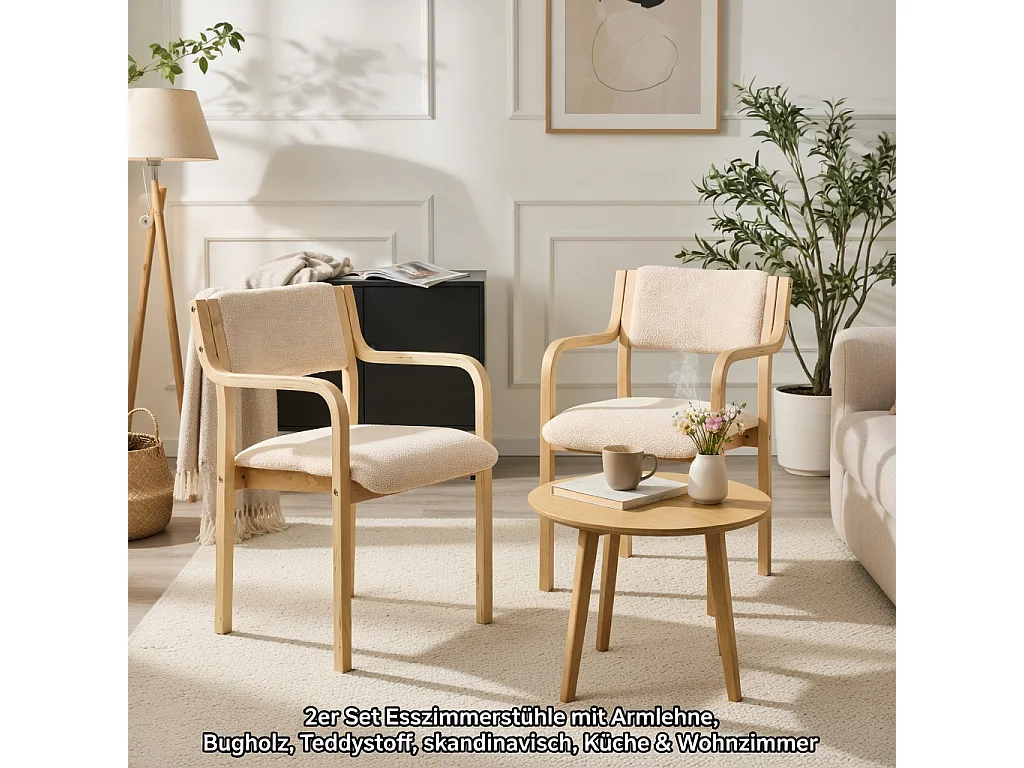 Juego de 2 sillas de comedor con reposabrazos, de madera curvada, tapizadas en «Teddy Bear», estilo escandinavo, en blanco
