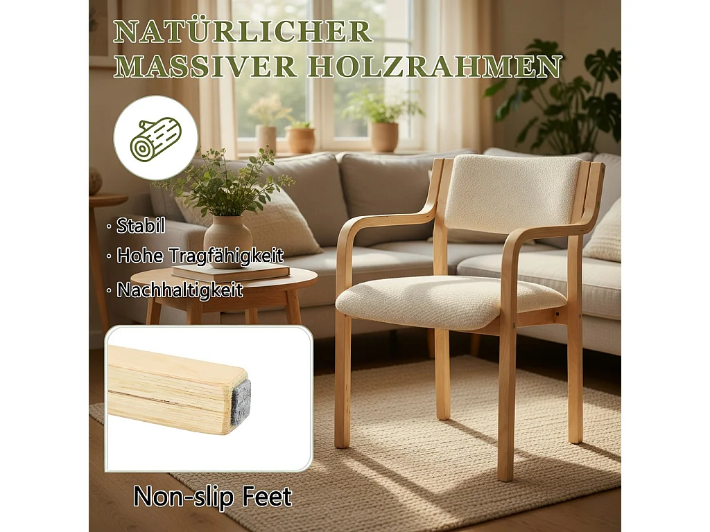 Juego de 2 sillas de comedor con reposabrazos, de madera curvada, tapizadas en «Teddy Bear», estilo escandinavo, en blanco