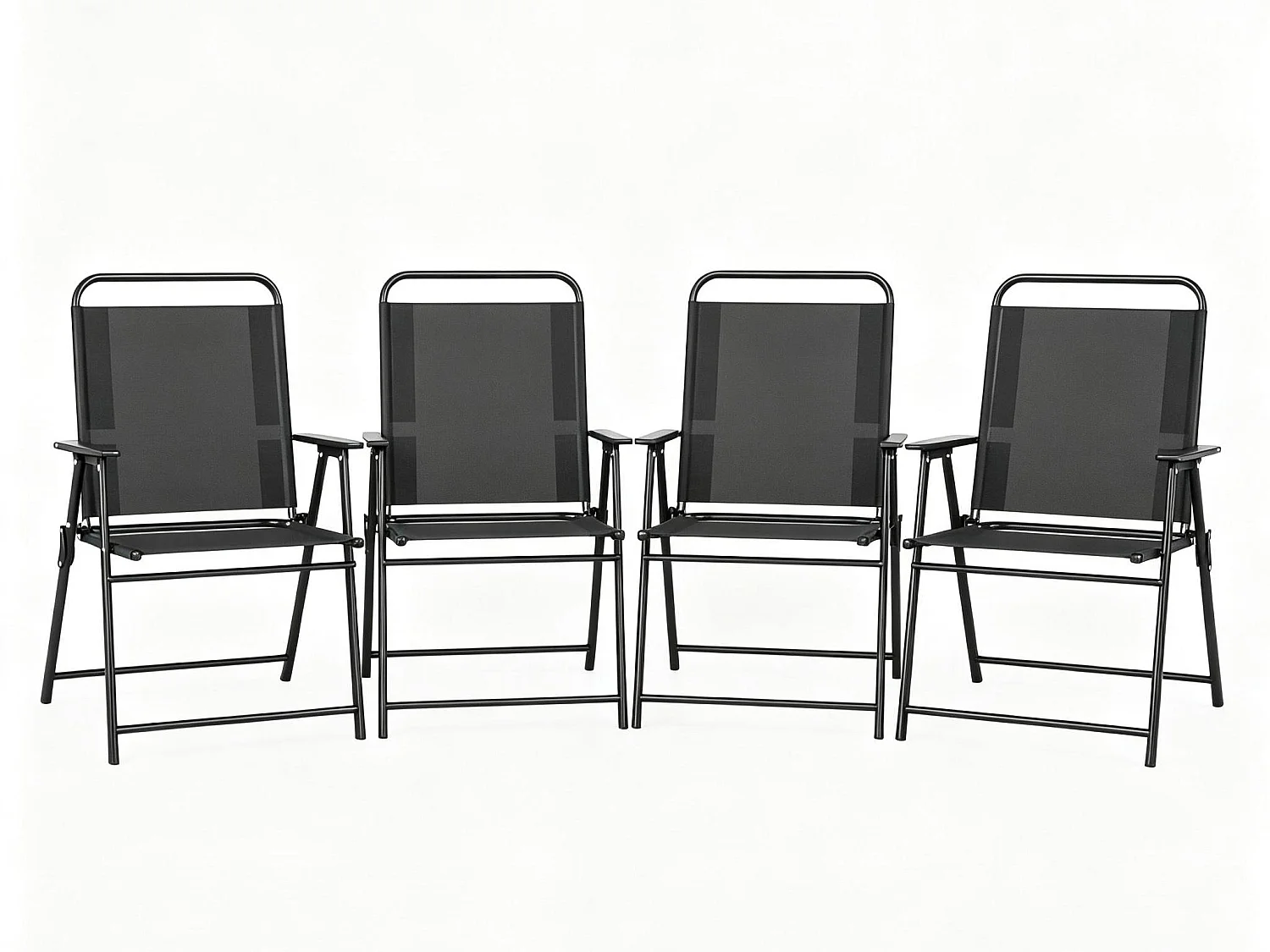 Lot de 4 Fauteuils d'Extérieur Pliants en Acier et Toile Respirante – Chaises de Jardin avec Dossier Haut et Accoudoirs pour Barbecue et Terrasse, Noir
