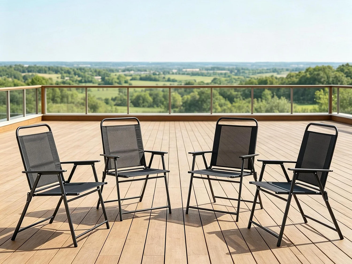 Lot de 4 Fauteuils d'Extérieur Pliants en Acier et Toile Respirante – Chaises de Jardin avec Dossier Haut et Accoudoirs pour Barbecue et Terrasse, Noir