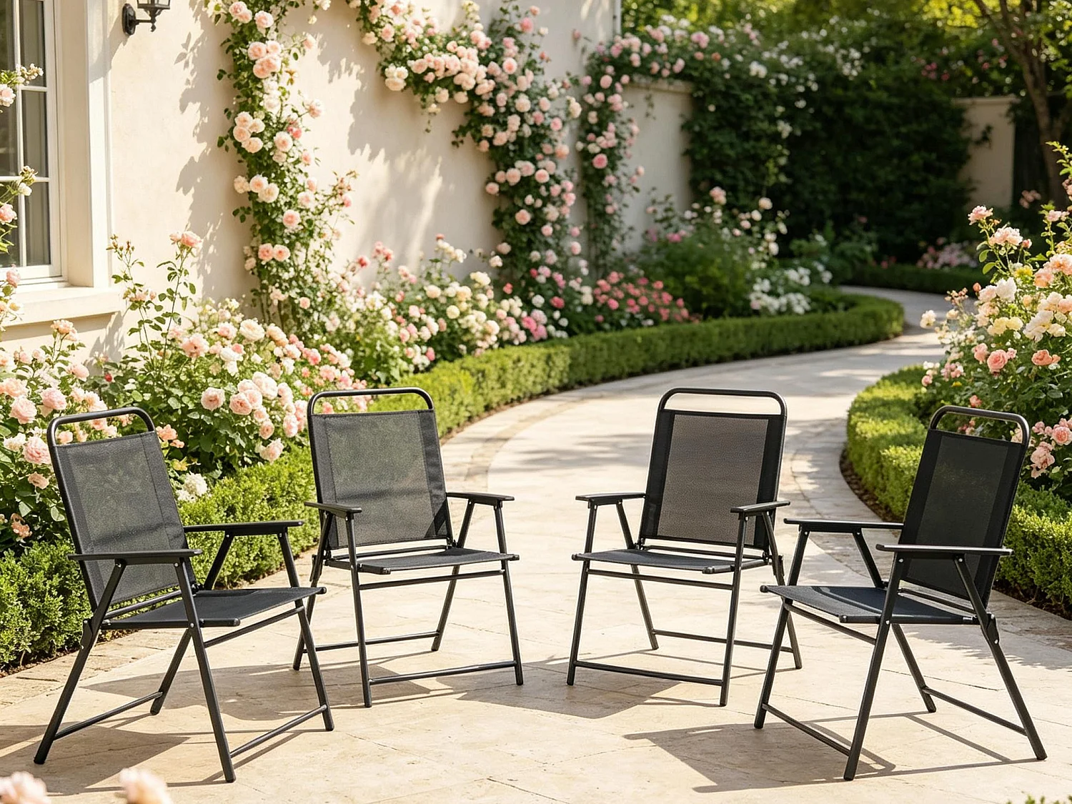 Lot de 4 Fauteuils d'Extérieur Pliants en Acier et Toile Respirante – Chaises de Jardin avec Dossier Haut et Accoudoirs pour Barbecue et Terrasse, Noir