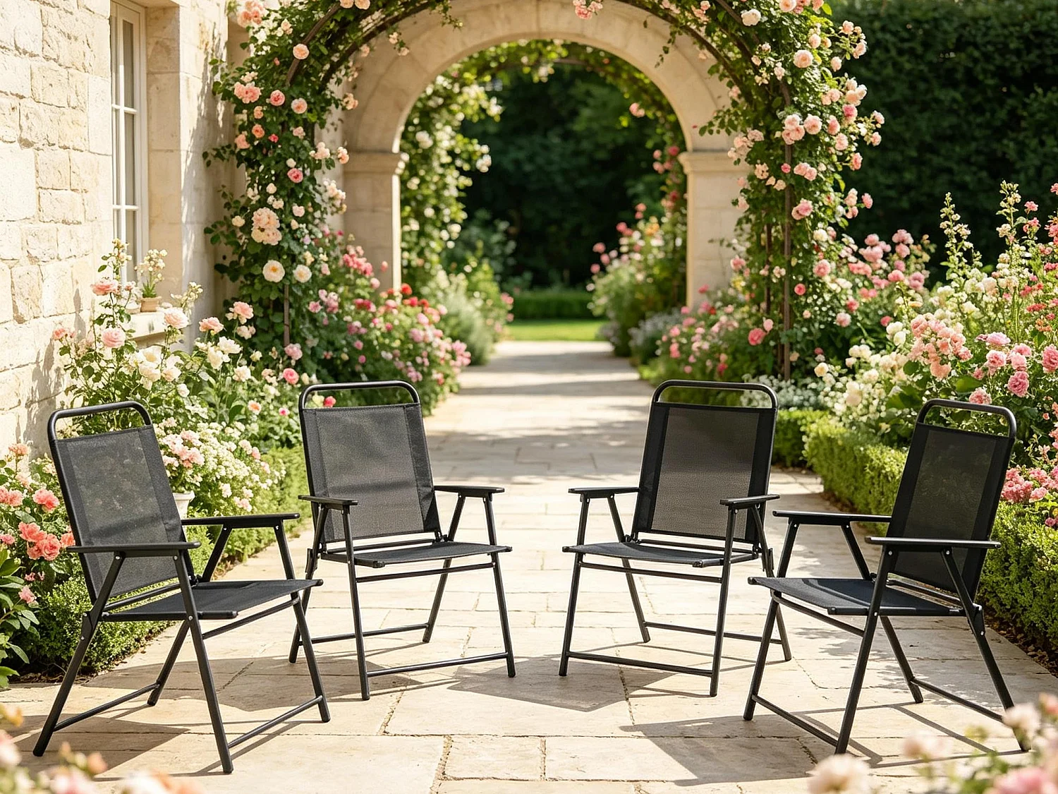 Lot de 4 Fauteuils d'Extérieur Pliants en Acier et Toile Respirante – Chaises de Jardin avec Dossier Haut et Accoudoirs pour Barbecue et Terrasse, Noir