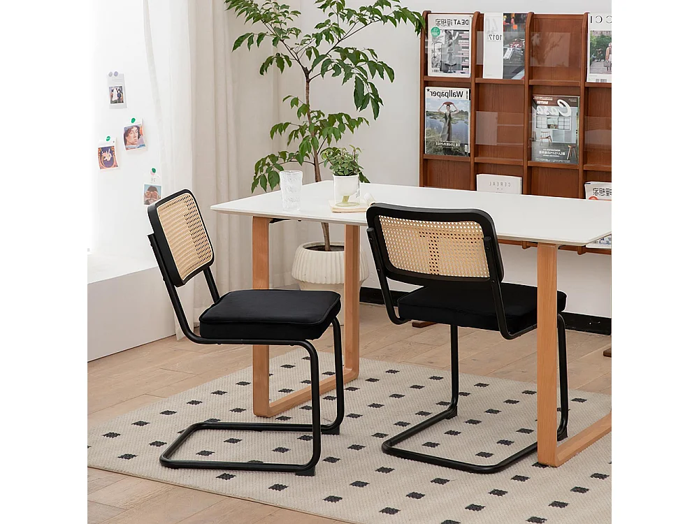 Set eetkamerstoelen (set van 2), fluweel, stoelen met rieten patroon, verchroomde poten, zwart