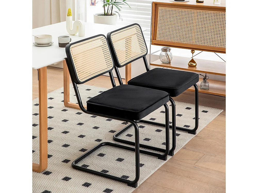 Set eetkamerstoelen (set van 2), fluweel, stoelen met rieten patroon, verchroomde poten, zwart