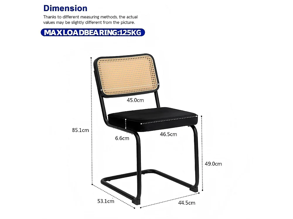 Set eetkamerstoelen (set van 2), fluweel, stoelen met rieten patroon, verchroomde poten, zwart