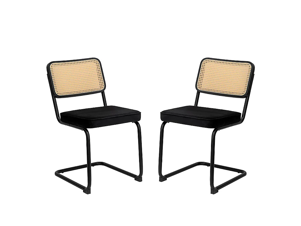 Set eetkamerstoelen (set van 2), fluweel, stoelen met rieten patroon, verchroomde poten, zwart