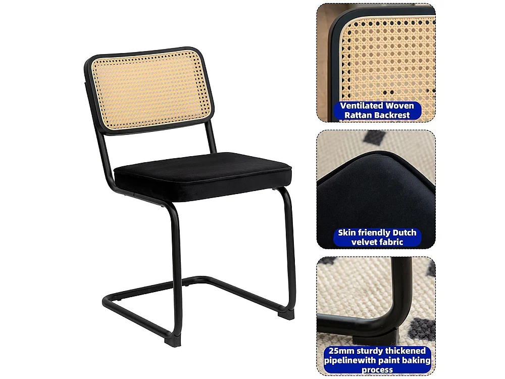 Set eetkamerstoelen (set van 2), fluweel, stoelen met rieten patroon, verchroomde poten, zwart