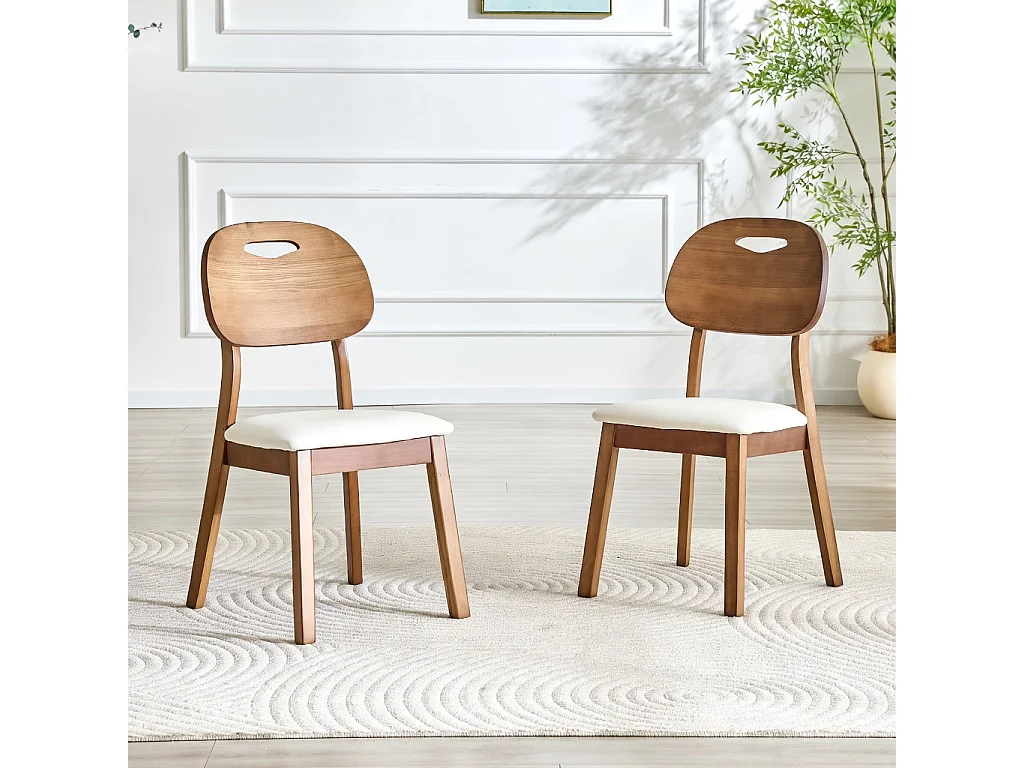 Juego de 2 sillas de comedor, respaldo ovalado, sillas de madera con asas, sillas de cocina tapizadas, blanco