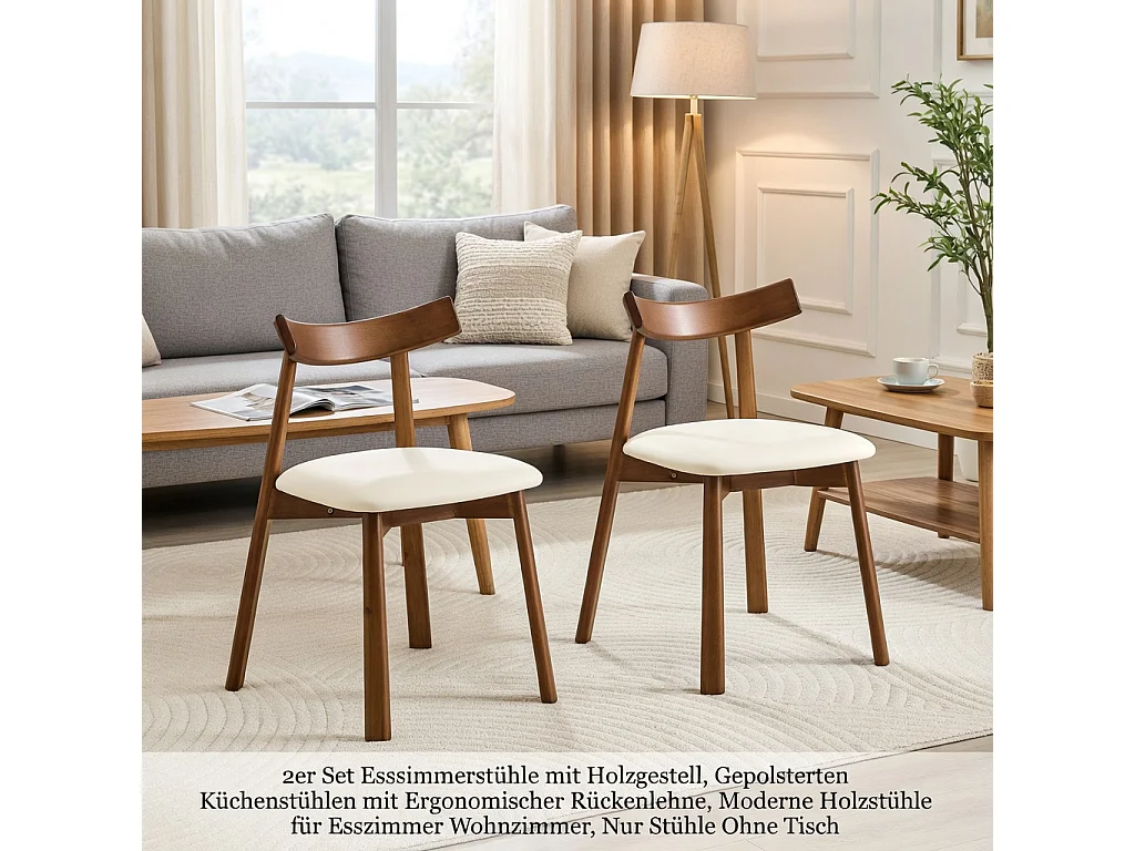 Lot de 2 chaises de salle à manger, structure en bois, avec dossier ergonomique, chaises seules (table non comprise),  blanc