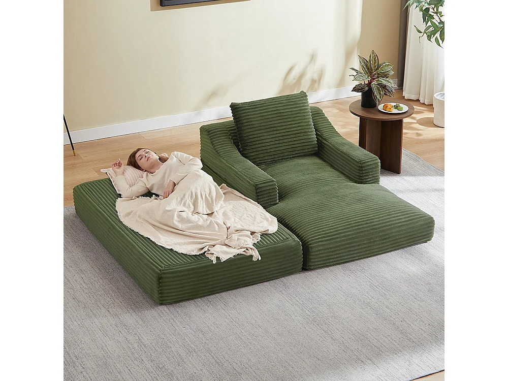 Divano relax, spaziosa poltrona letto singola, in velluto a coste, design a due livelli, trasformabile in letto, verde