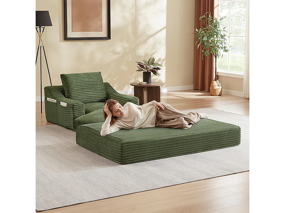 Divano relax, spaziosa poltrona letto singola, in velluto a coste, design a due livelli, trasformabile in letto, verde