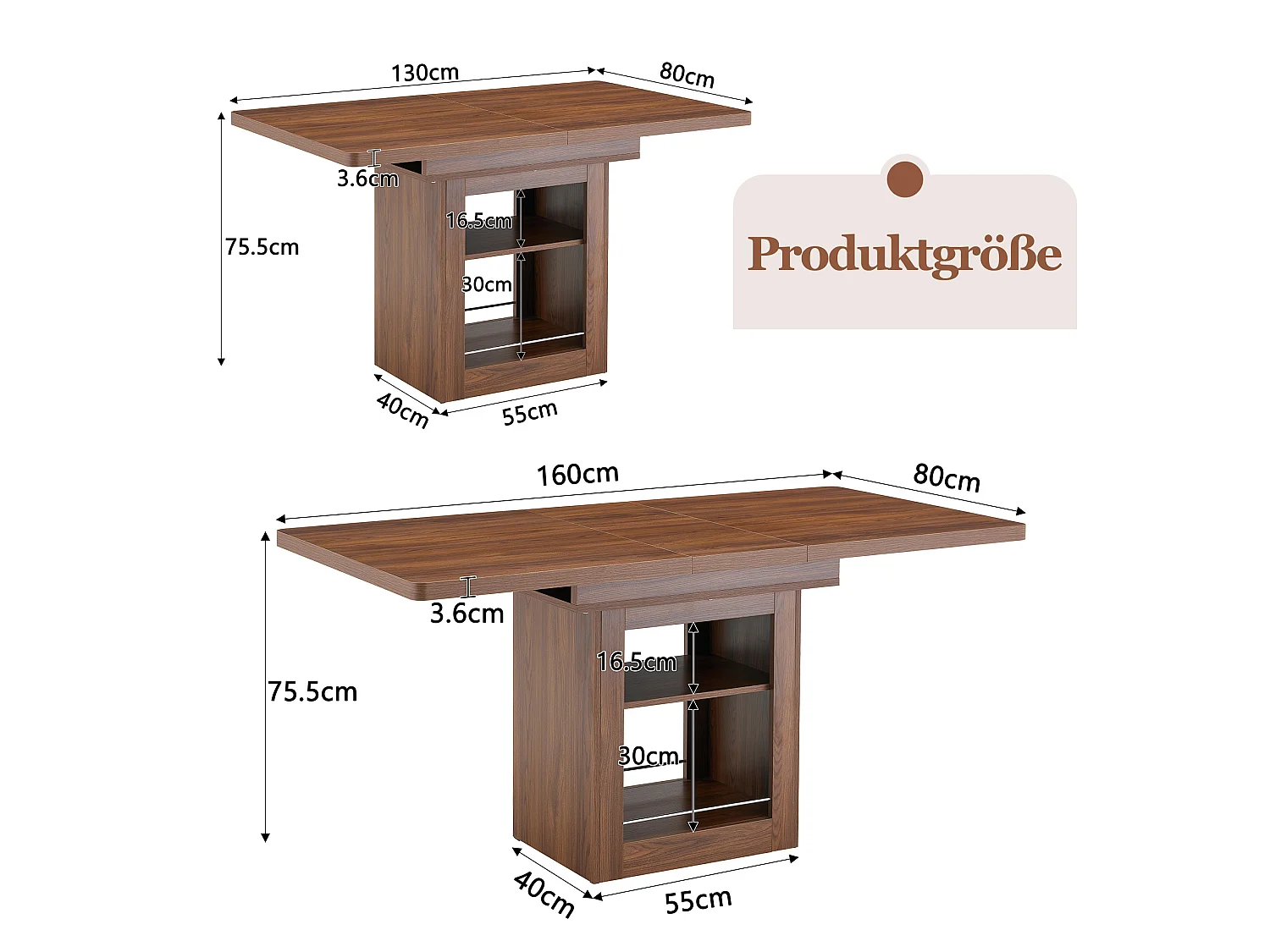 Table à rallonges imitation bois, noyer, en MDF, avec tablette intégrée, couleur Noix