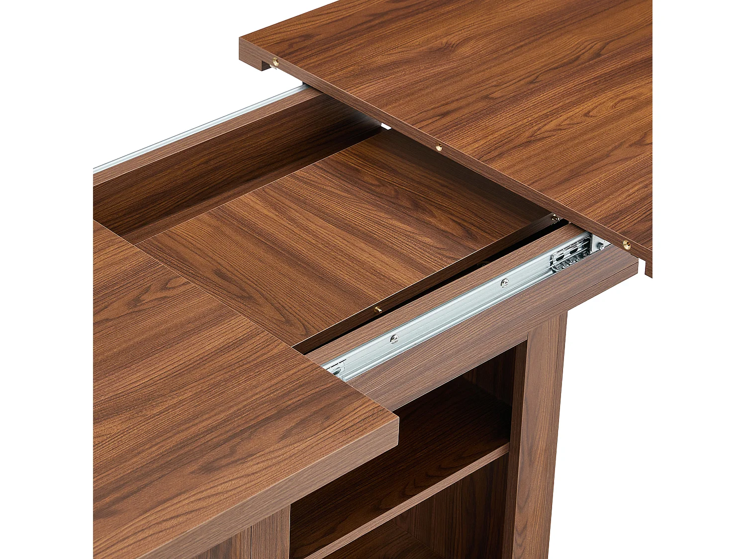Table à rallonges imitation bois, noyer, en MDF, avec tablette intégrée, couleur Noix