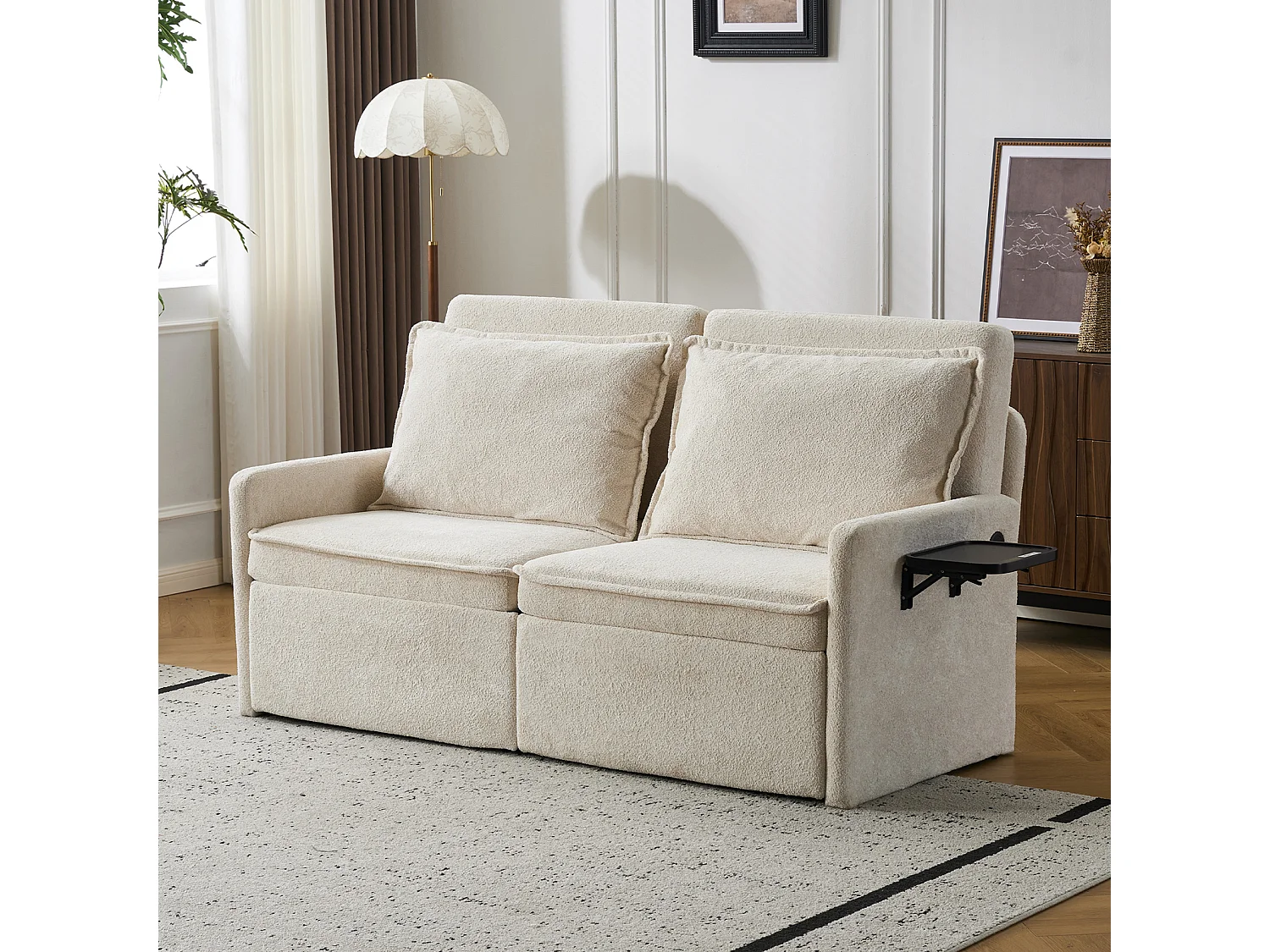 Canapé 2 places avec rangement en tissu chenille beige