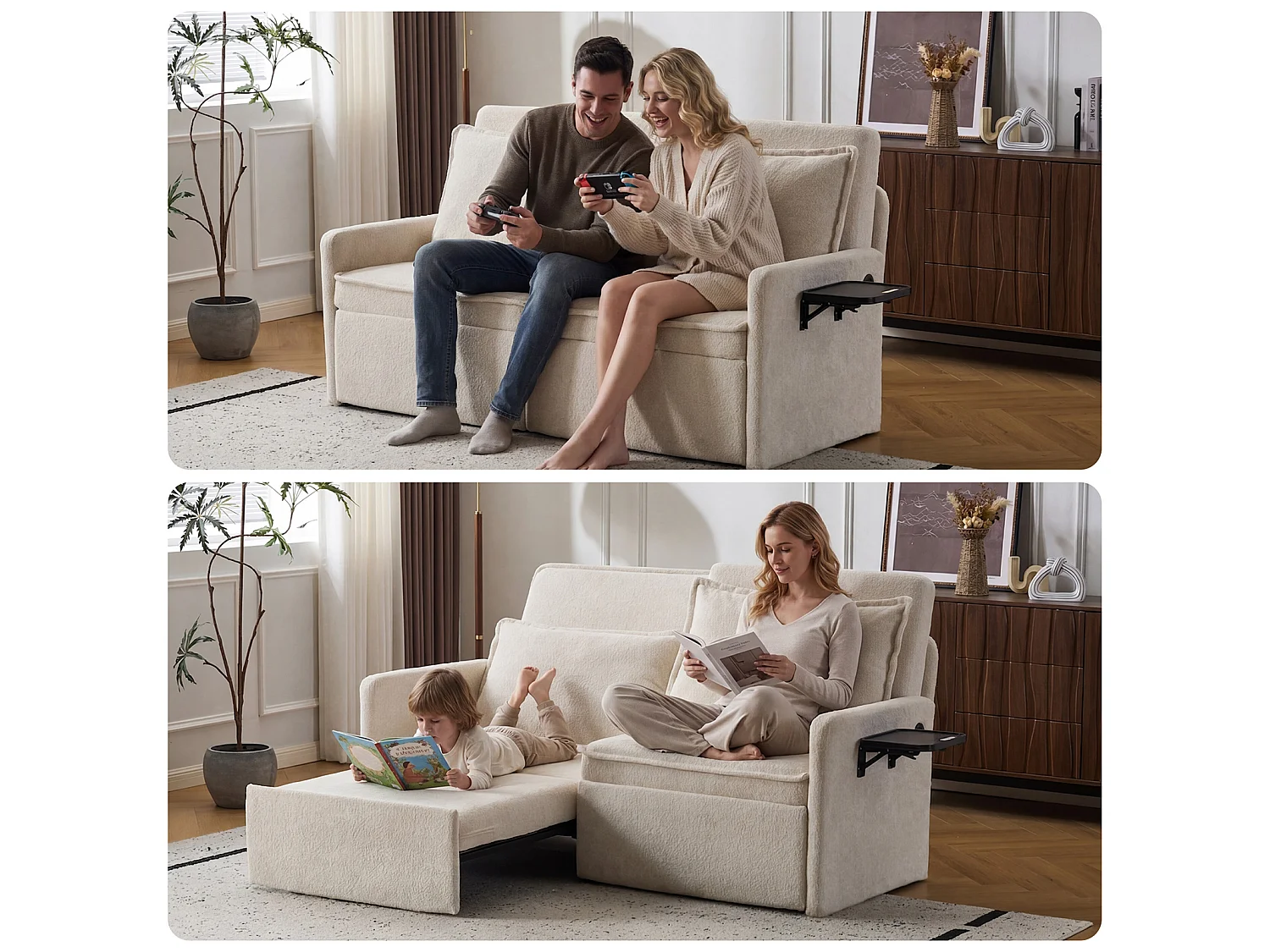 Canapé 2 places avec rangement en tissu chenille beige