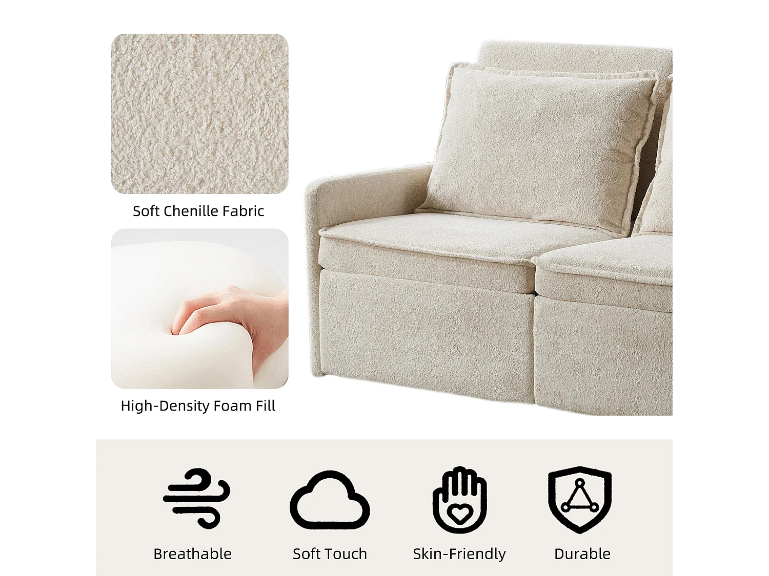 Canapé 2 places avec rangement en tissu chenille beige