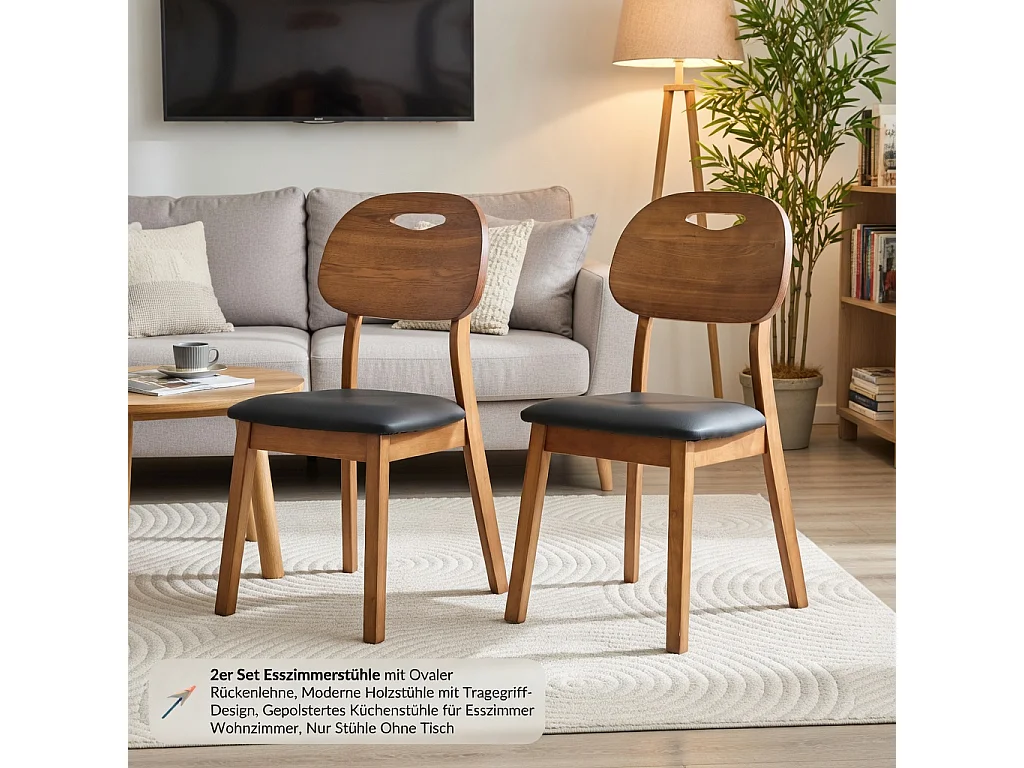 Lote de 2 sillas de comedor, respaldo ovalado, sillas de madera con asas, sillas de cocina acolchadas, negro