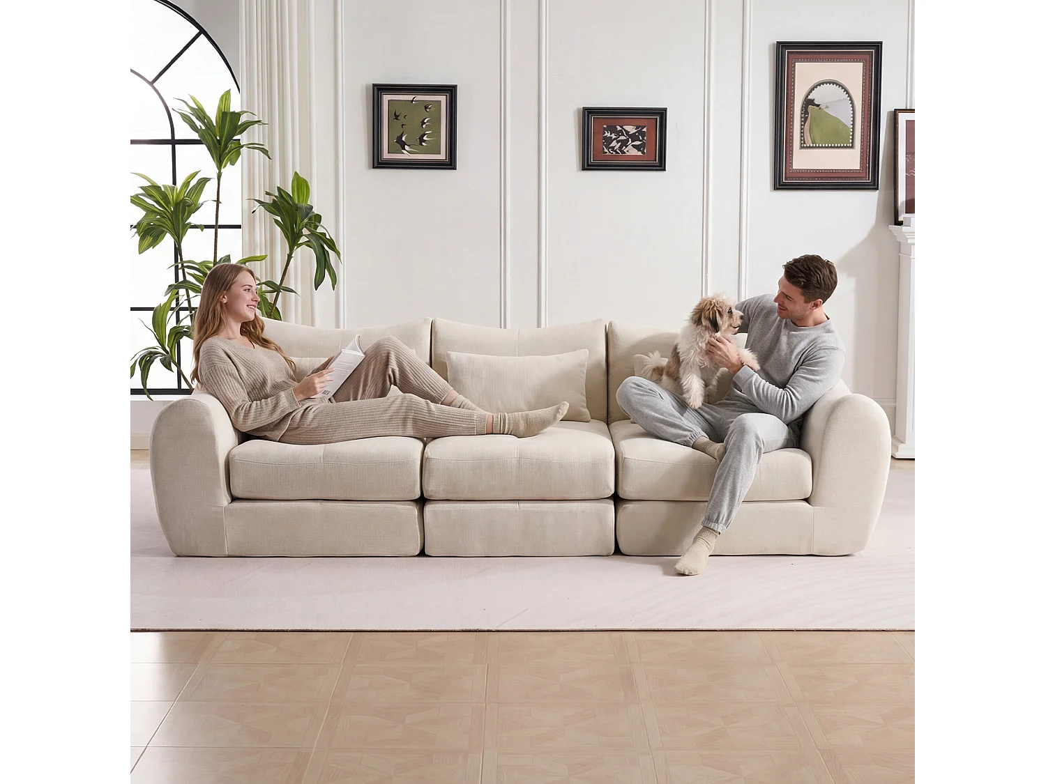 Canapé 3 places en tissu chenille beige