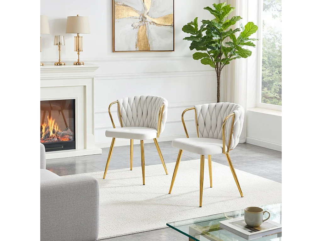 Chaises de salle à manger, lot de deux ,avec dossier tressé et pieds en métal doré, ergonomique, en velours, beige et doré