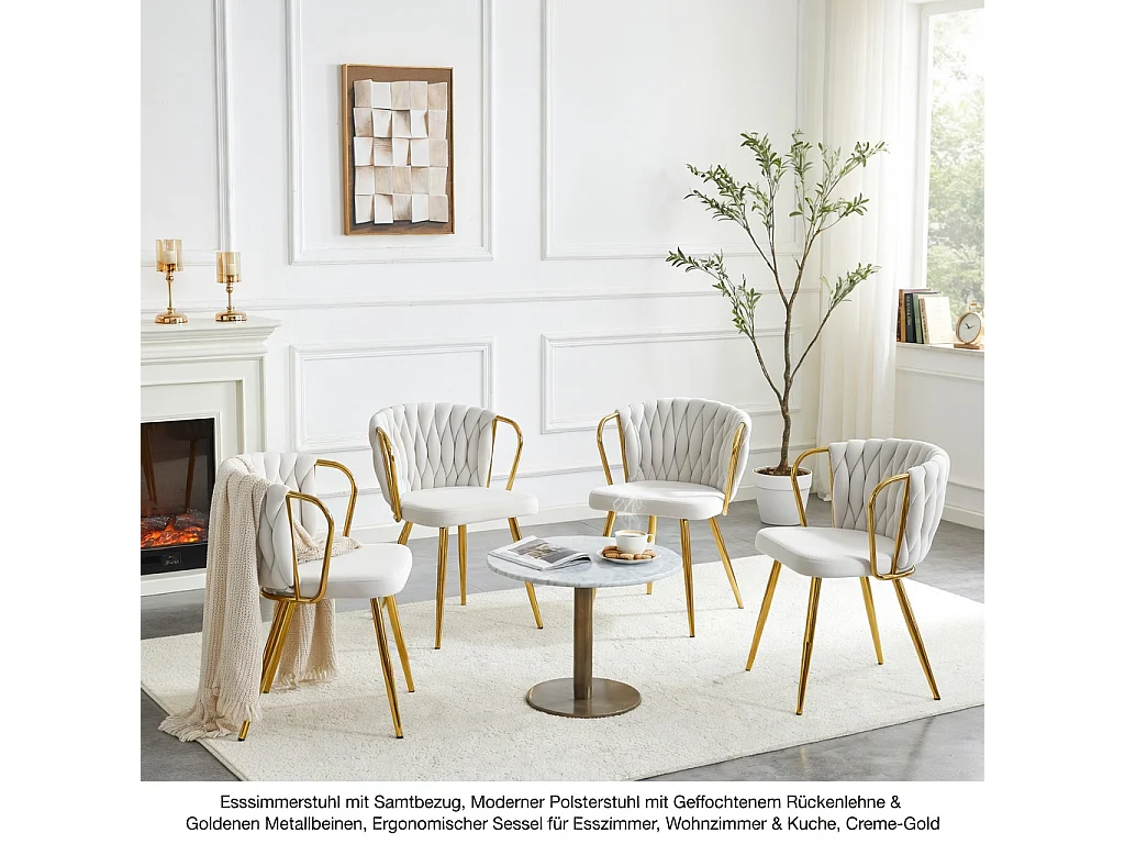 Chaises de salle à manger, lot de deux ,avec dossier tressé et pieds en métal doré, ergonomique, en velours, beige et doré
