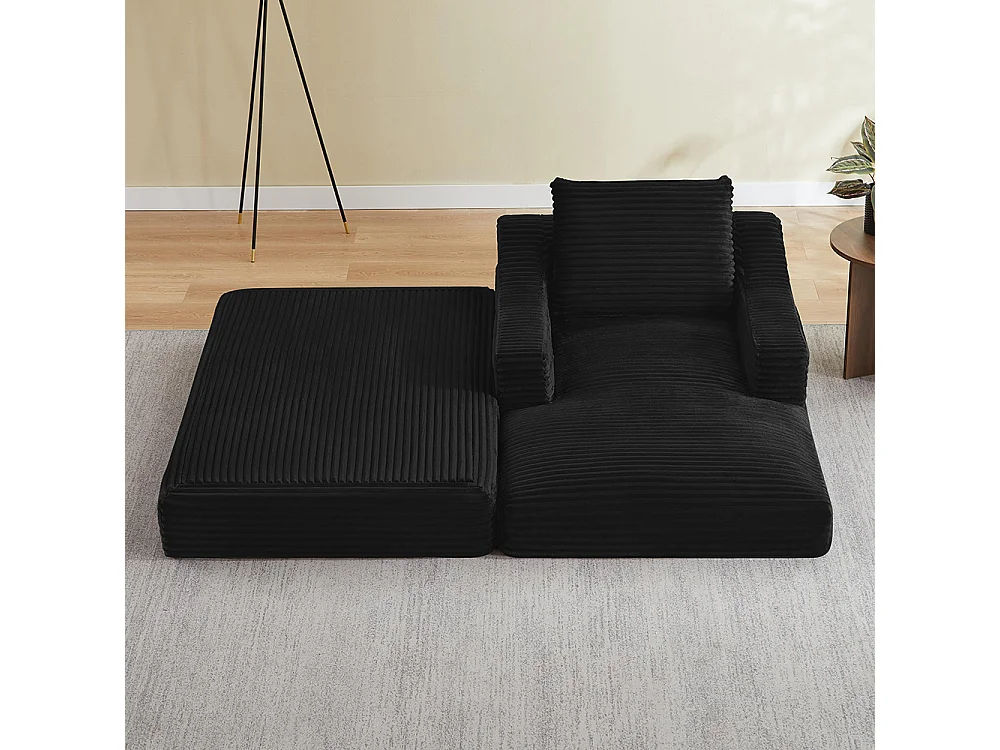 Divano relax, spaziosa poltrona letto singola, in velluto a coste, design a due livelli, trasformabile in letto, nero