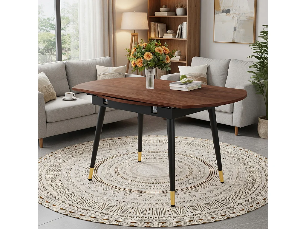 Table à rallonges, pouvant passer d'une forme ronde à une forme ovale, plateau en MDF rehaussé de touches dorées, couleur noyer