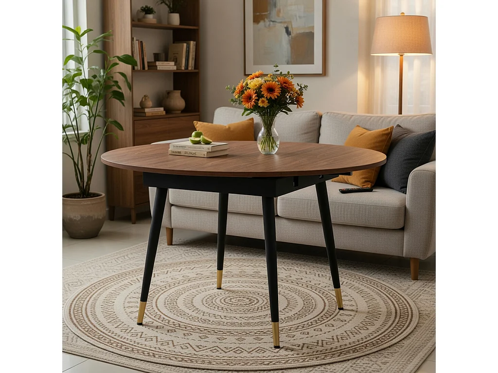 Table à rallonges, pouvant passer d'une forme ronde à une forme ovale, plateau en MDF rehaussé de touches dorées, couleur noyer