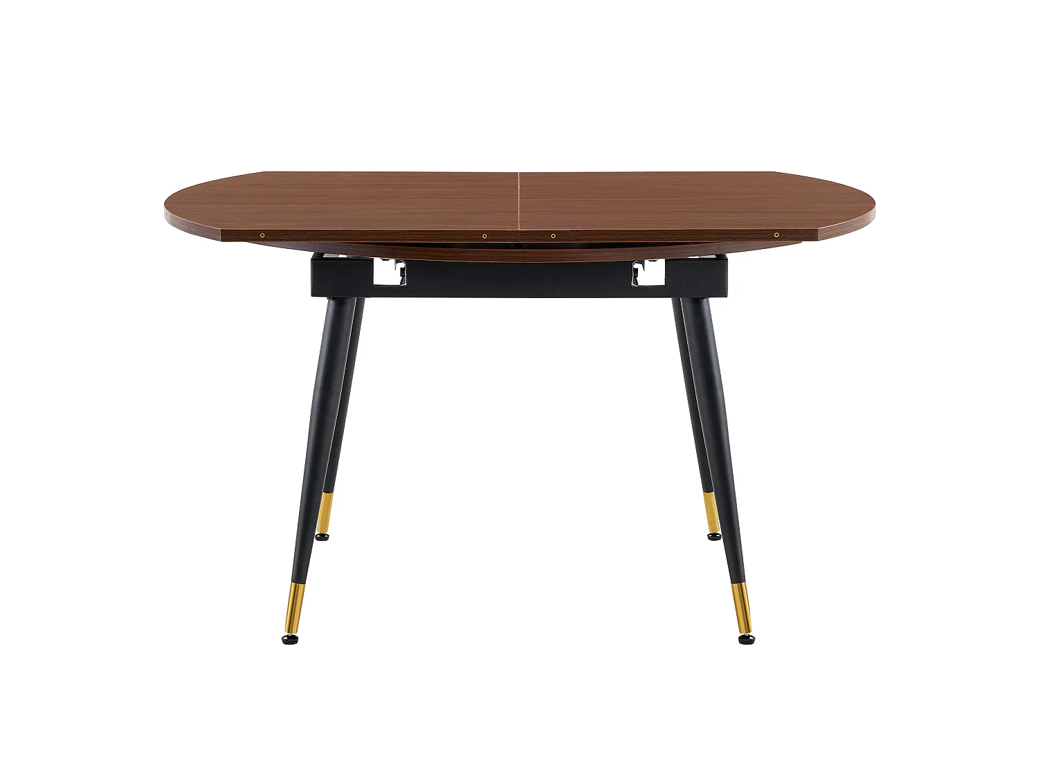 Table à rallonges, pouvant passer d'une forme ronde à une forme ovale, plateau en MDF rehaussé de touches dorées, couleur noyer