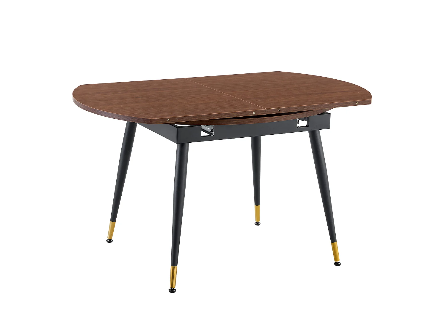 Table à rallonges, pouvant passer d'une forme ronde à une forme ovale, plateau en MDF rehaussé de touches dorées, couleur noyer