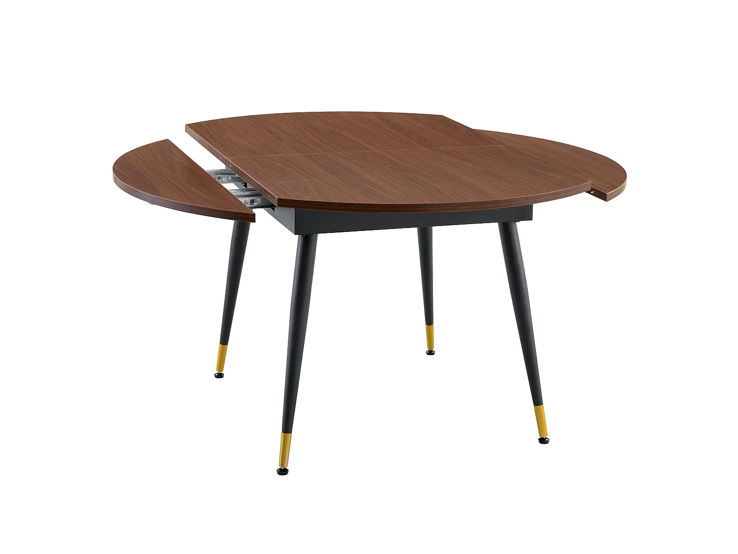Table à rallonges, pouvant passer d'une forme ronde à une forme ovale, plateau en MDF rehaussé de touches dorées, couleur noyer