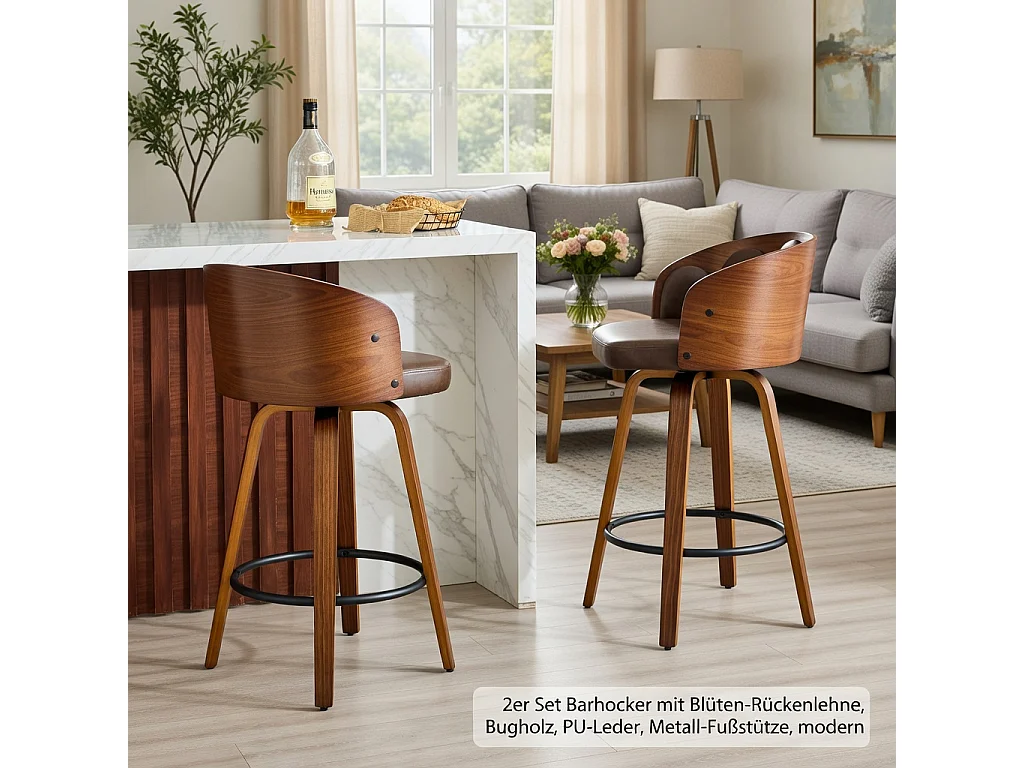 Lot de 2 tabourets, dossier à motifs floraux, bois courbé, cuir PU, repose-pieds en métal, style moderne, marron