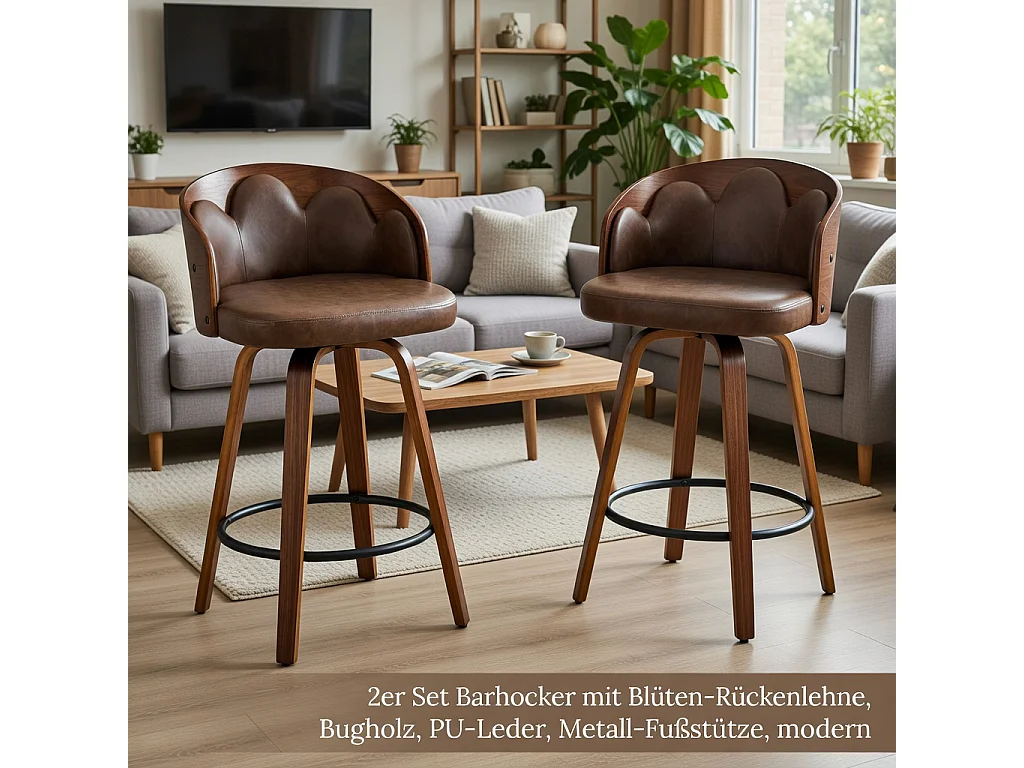 Lot de 2 tabourets, dossier à motifs floraux, bois courbé, cuir PU, repose-pieds en métal, style moderne, marron