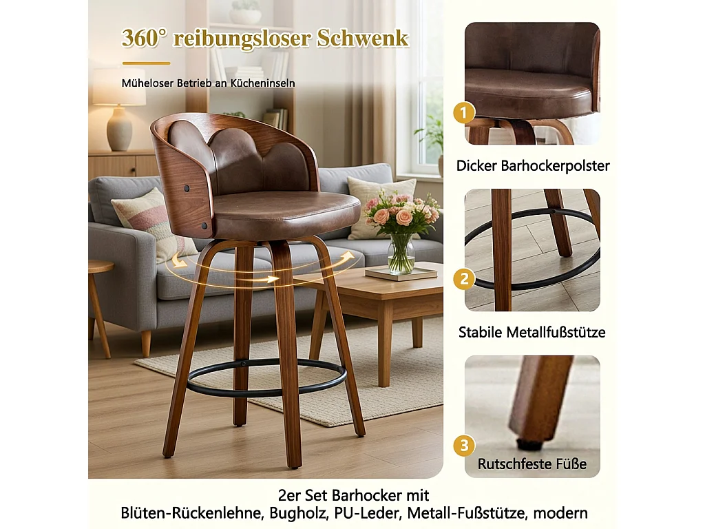Lot de 2 tabourets, dossier à motifs floraux, bois courbé, cuir PU, repose-pieds en métal, style moderne, marron