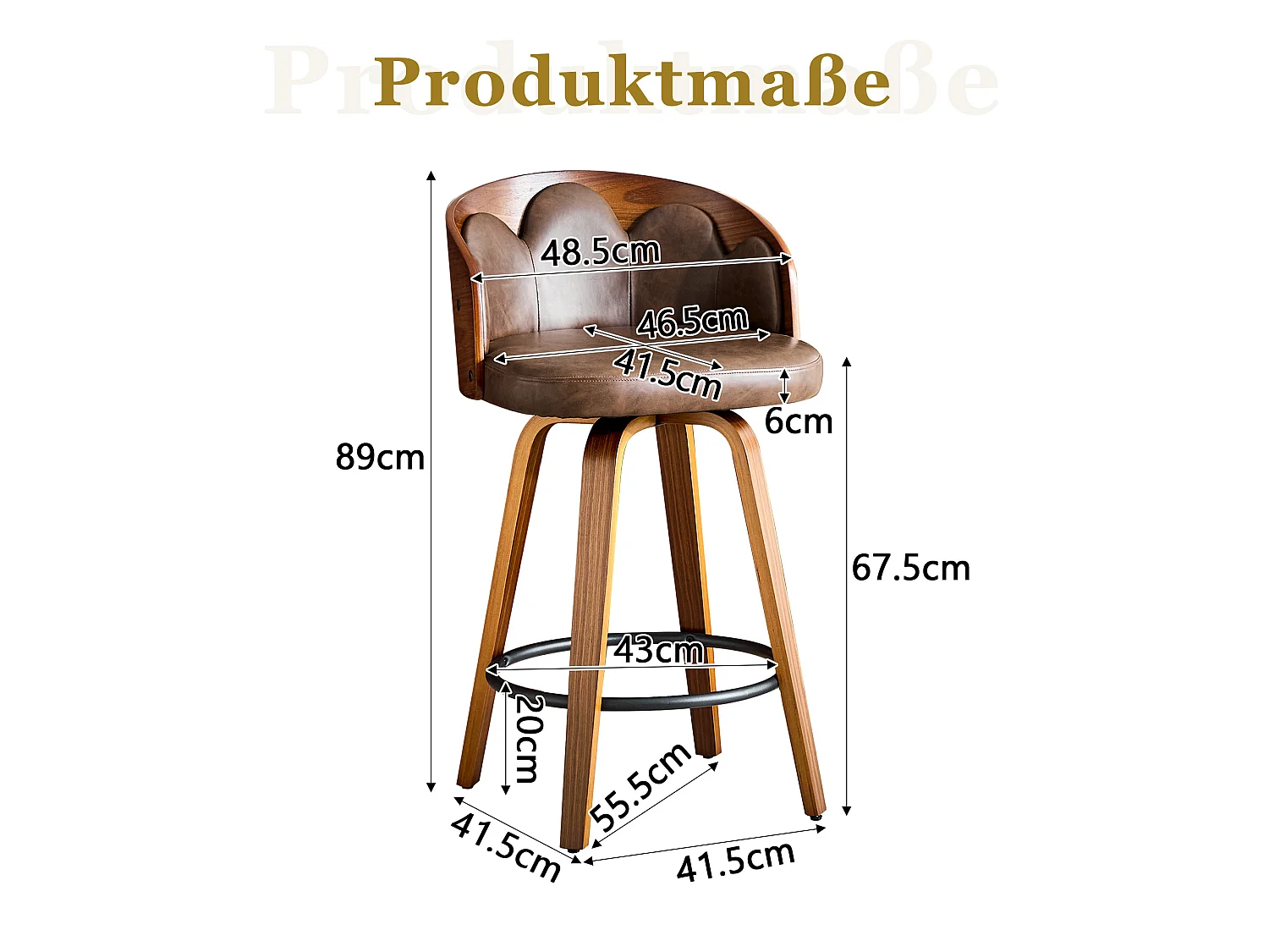Lot de 2 tabourets, dossier à motifs floraux, bois courbé, cuir PU, repose-pieds en métal, style moderne, marron