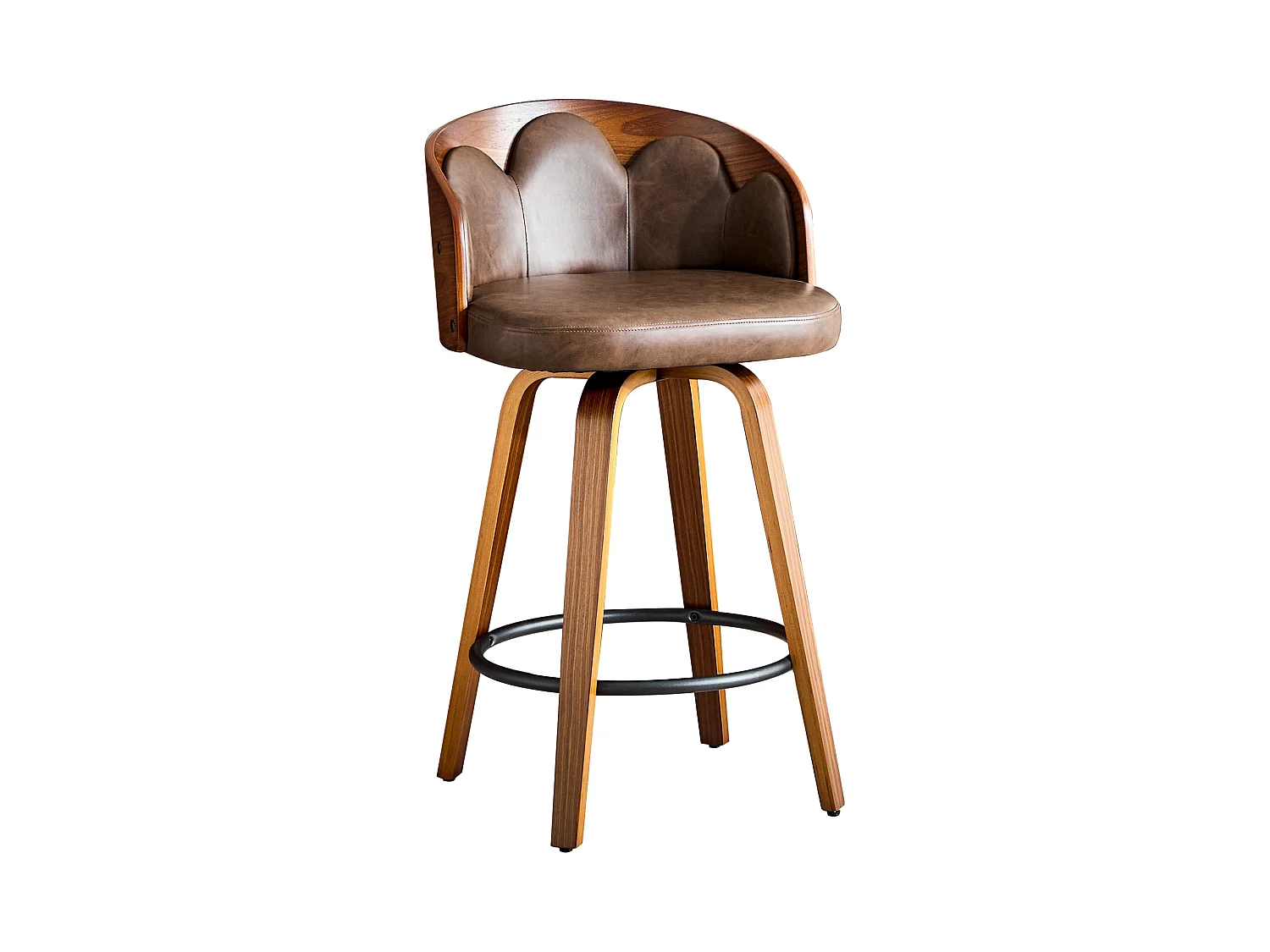 Lot de 2 tabourets, dossier à motifs floraux, bois courbé, cuir PU, repose-pieds en métal, style moderne, marron
