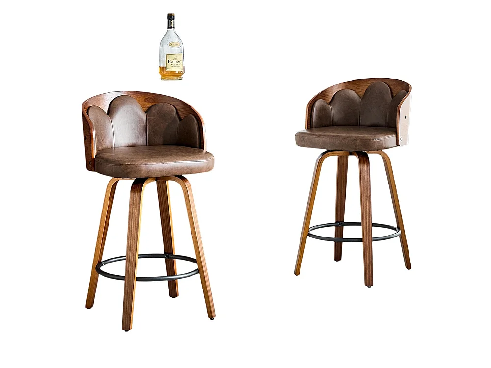 Lot de 2 tabourets, dossier à motifs floraux, bois courbé, cuir PU, repose-pieds en métal, style moderne, marron