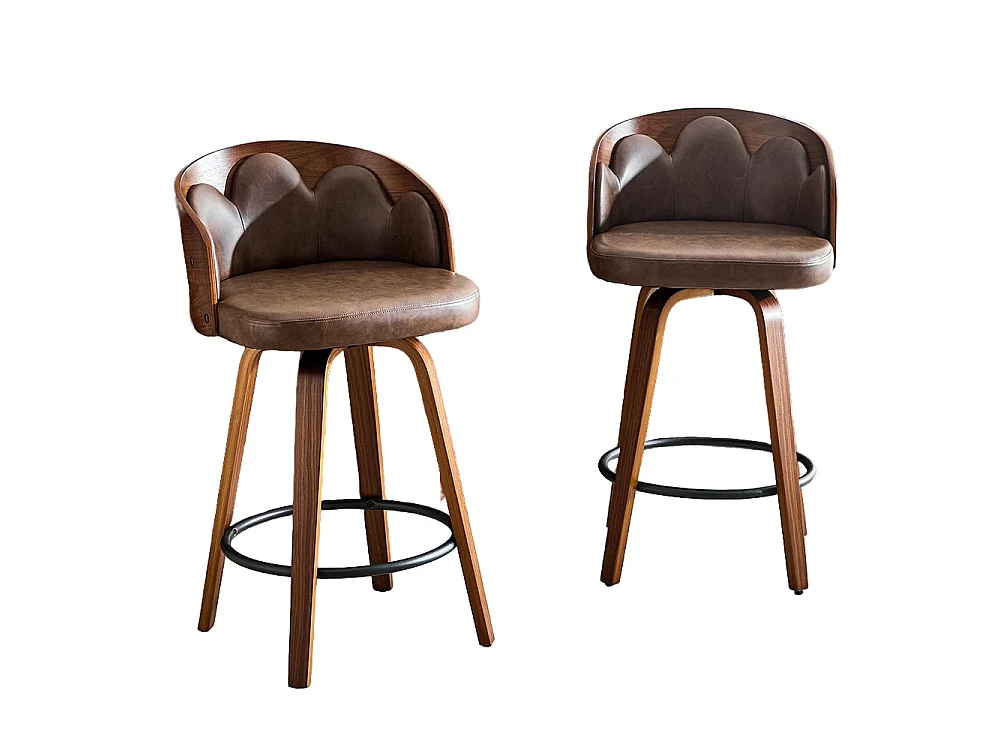 Lot de 2 tabourets, dossier à motifs floraux, bois courbé, cuir PU, repose-pieds en métal, style moderne, marron