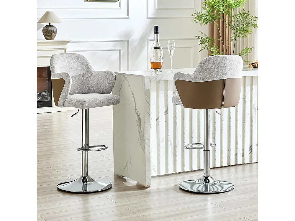 Ensemble de tabourets réglables (lot de 2), style moderne avec accoudoirs, pivotants à 360°, hauteur réglable, gris + marron