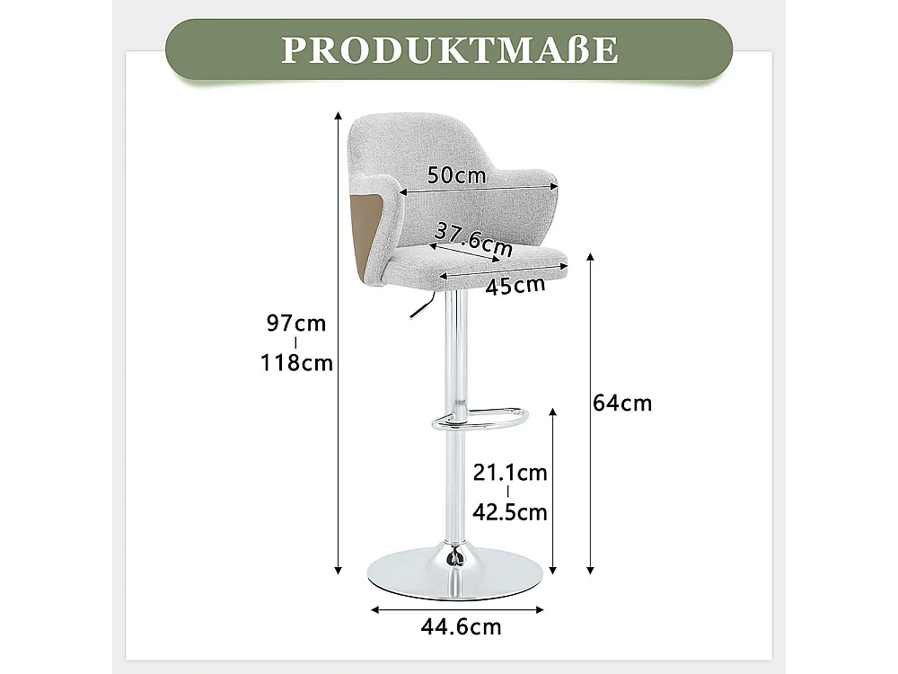 Ensemble de tabourets réglables (lot de 2), style moderne avec accoudoirs, pivotants à 360°, hauteur réglable, gris + marron