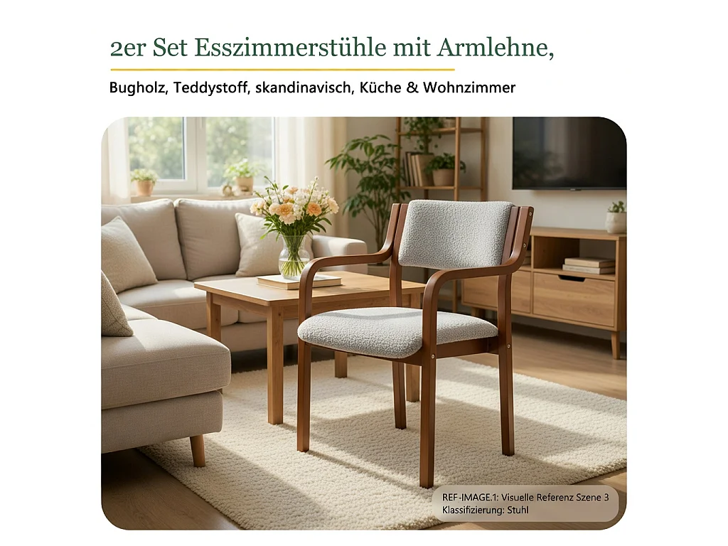 Juego de 2 sillas de comedor con reposabrazos, de madera curvada, tapizado «Teddy Bear», estilo escandinavo, gris