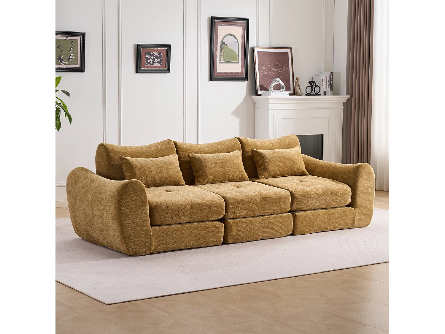 Canapé 3 places en tissu chenille jaune