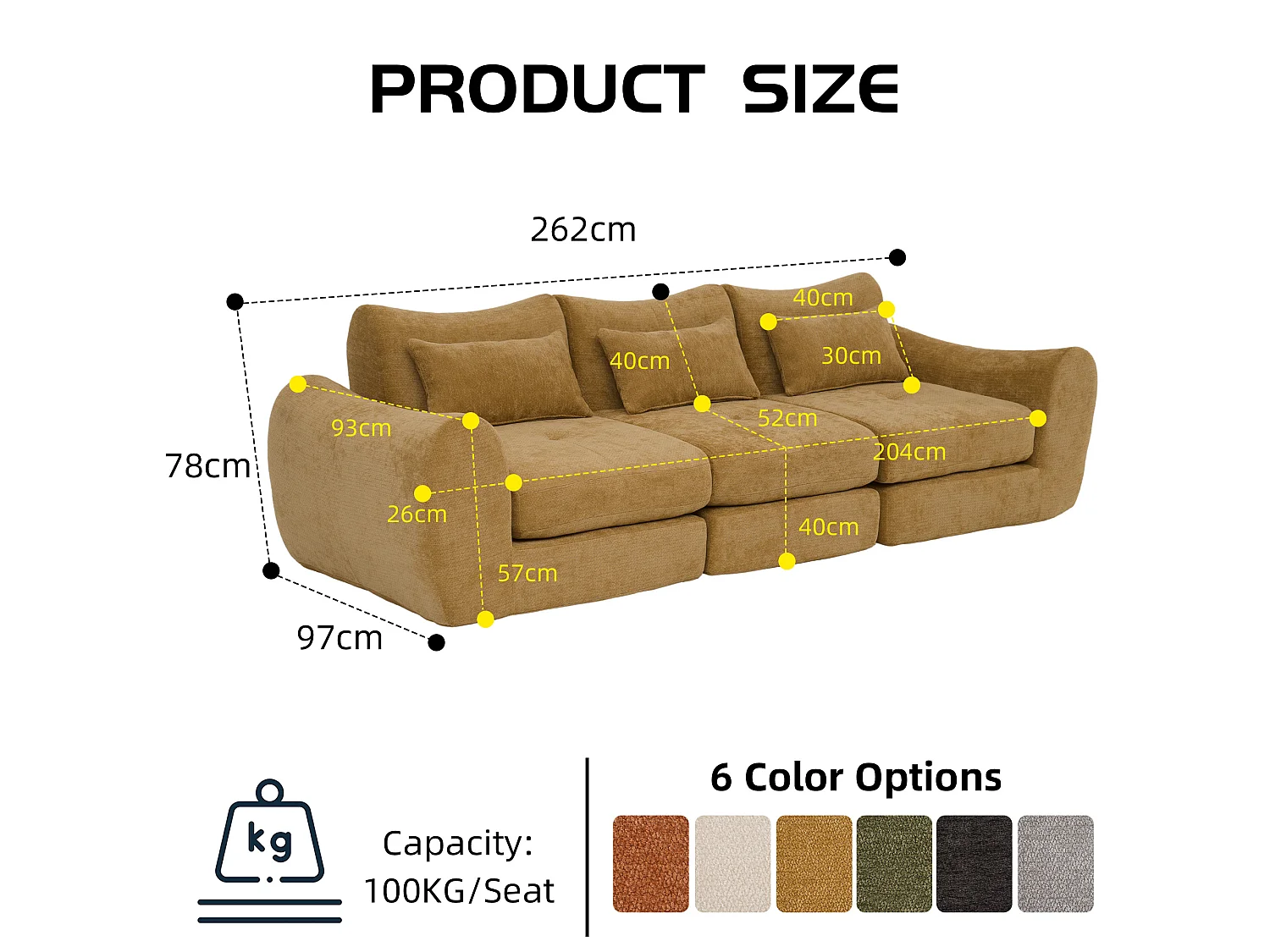Canapé 3 places en tissu chenille jaune