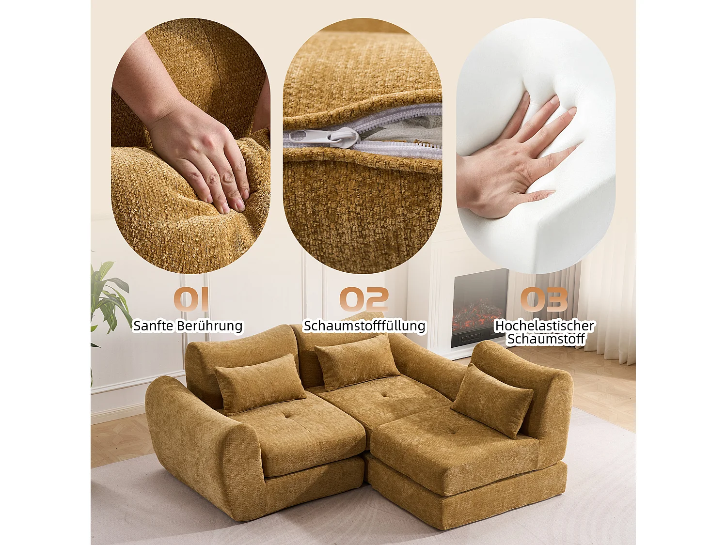 Canapé 3 places en tissu chenille jaune