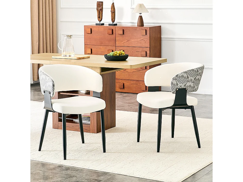 Eetkamerstoelen, set van 2, met afgeronde armleuningen en een rugleuning met print, van kunstleer, stevige poten, wit + zwart