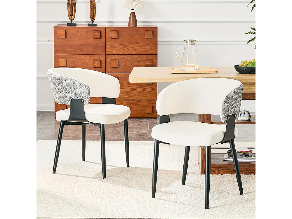 Eetkamerstoelen, set van 2, met afgeronde armleuningen en een rugleuning met print, van kunstleer, stevige poten, wit + zwart