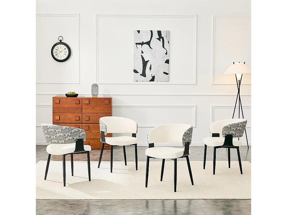 Eetkamerstoelen, set van 2, met afgeronde armleuningen en een rugleuning met print, van kunstleer, stevige poten, wit + zwart
